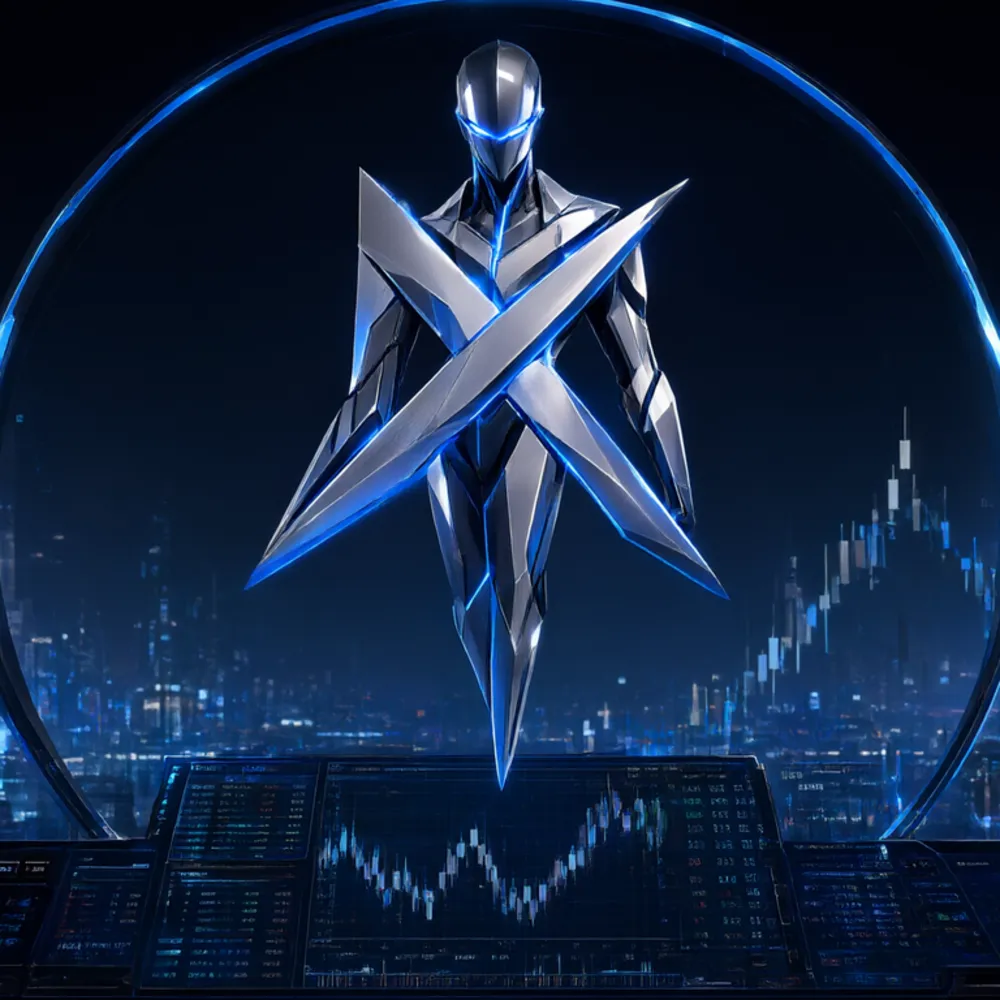 Agent X, a faceless chrome sentinel, floating over glowing trade charts